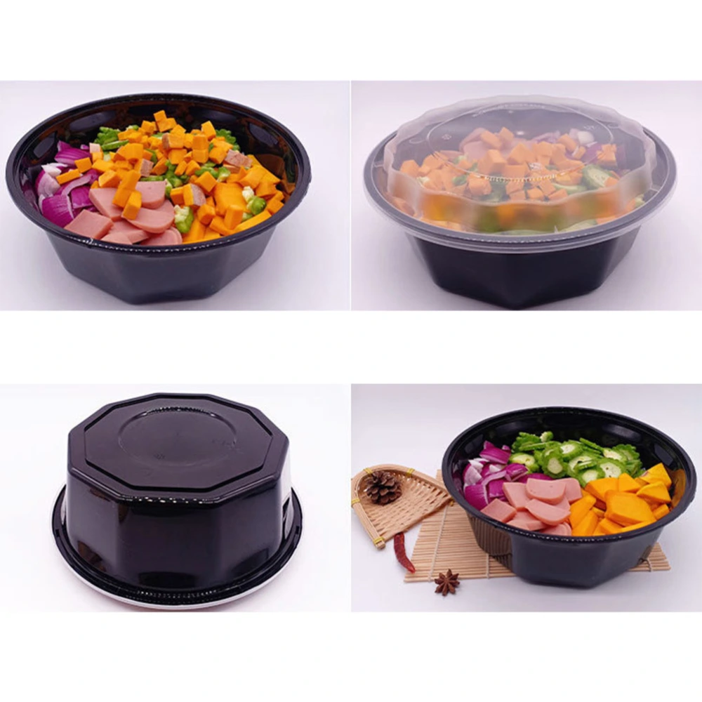 10pcs Disposable Octagonal Plastic Bento Box Meal Prep Container Large Capacity Food Storage Containers Fast Food Box 2000ml(Black)