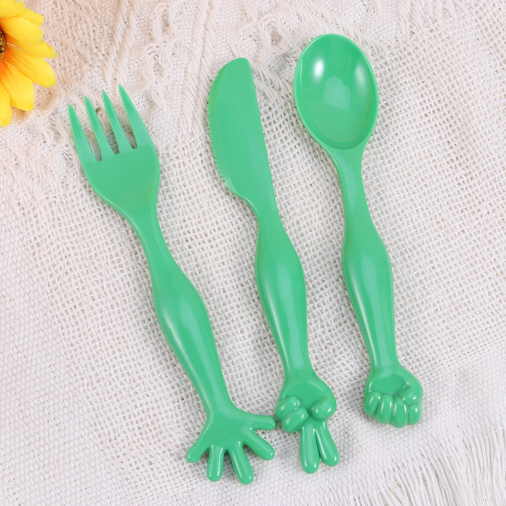 3PCS Creative Educational Melamine Tableware Fork Spoon Set Portable Cartoon Children Tableware for Kids Learning Eating (Random Color)