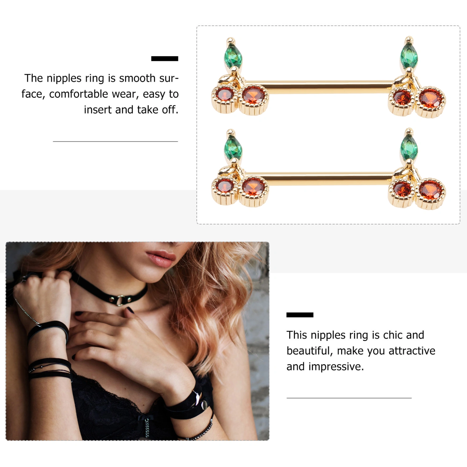 1 Pair Sweet Cherries Nipples Rings with Rhinestone Stylish Nipples Barbell Ring Body Jewelry