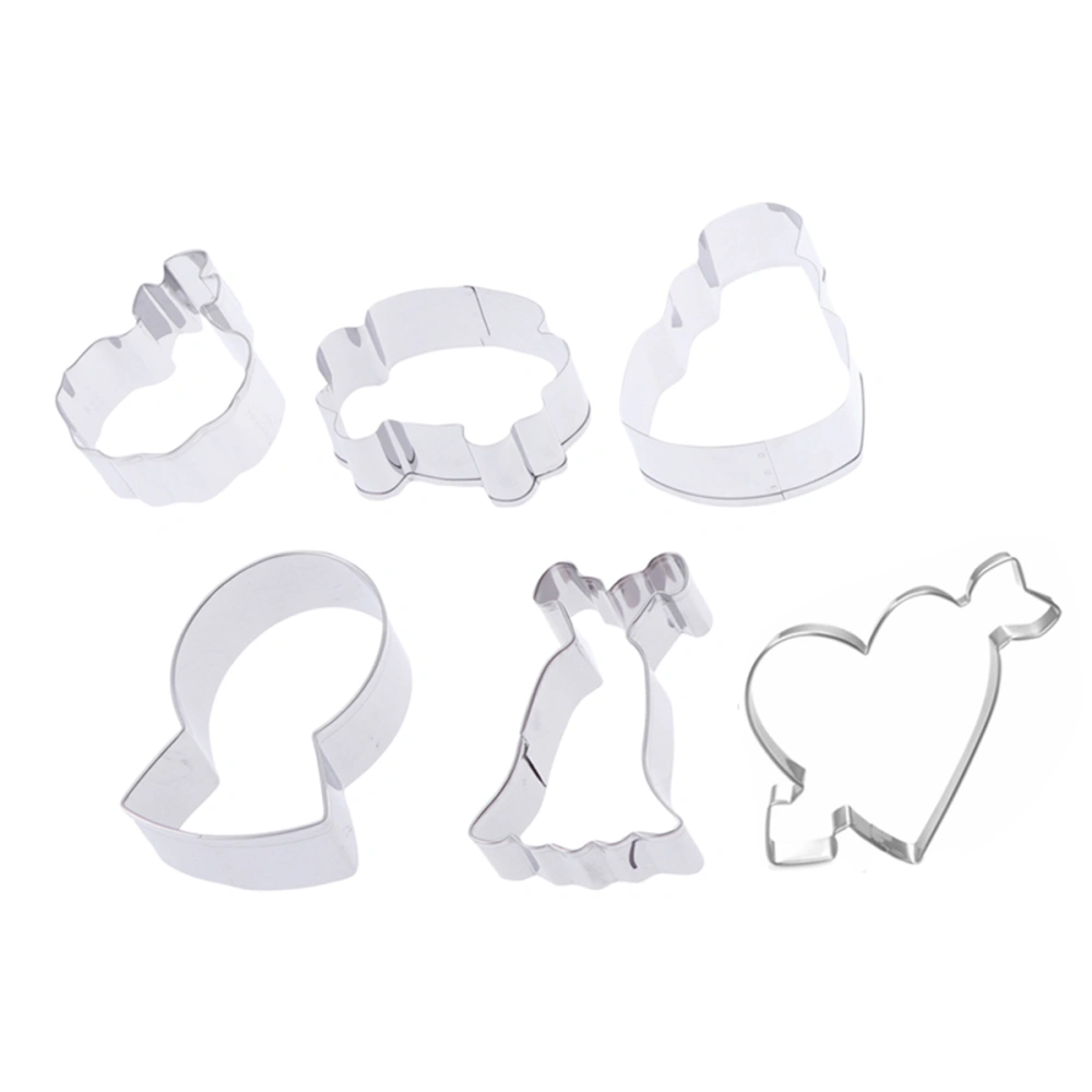 6PCS Creative Bouquet Cake Wedding Dress Ring Car Heart Cookie Cutters DIY Stainless Steel Biscuit Baking Tools for Bridal Shower Engagement Valentine's Day