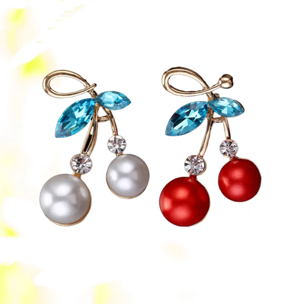 2PCS Chic Sweet Cherry Design Brooches Lovely Fashionable Alloy Brooches for Decoration Gift Women (White Pearl, Red Pearl)