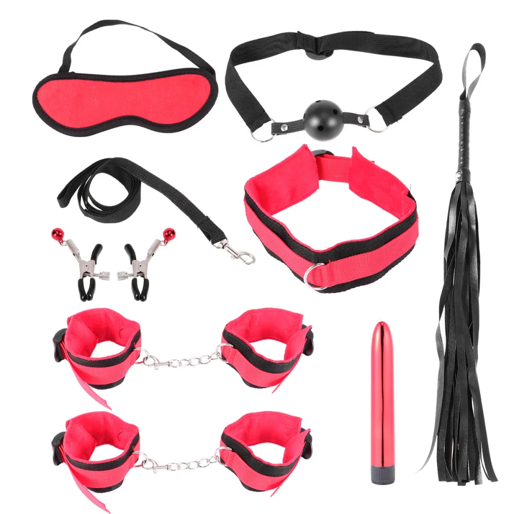 1 Set of Sex Handcuffs SM Sex Toy Set Sexy Eye Patch Leather Whip Sex Binding Couple Flirting Toy Red