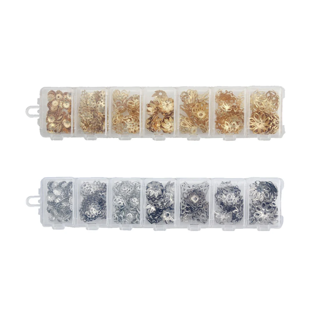 2 Pack/860pcs Small Plating Copper Flower Spacer Beads Mixed Pendants Flower Charms Beads with Storage Box for Jewelry Making Art Craft (Golden, Silver)