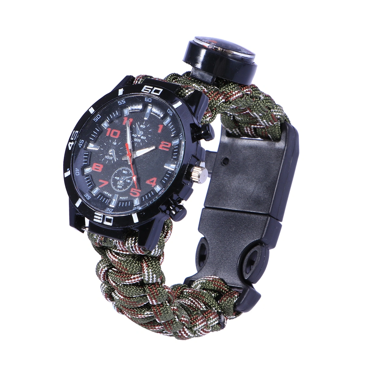 Multifunctional Outdoor Survival Camping Safety Equipment Tools Rope Bracelet Safety Umbrella Rope Watch (Sldiercam)