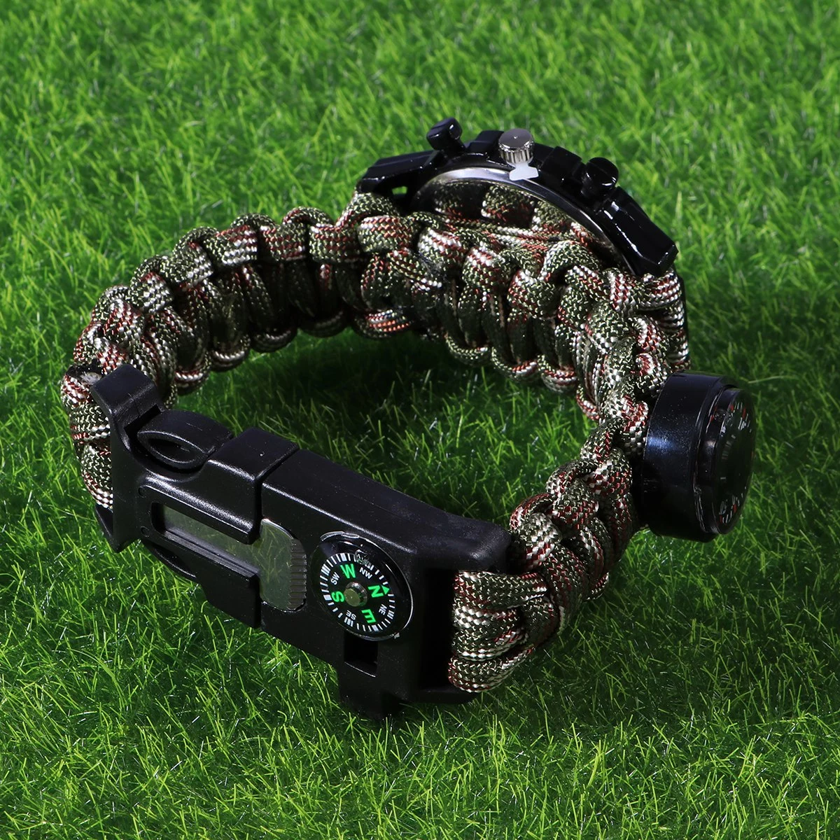 Multifunctional Outdoor Survival Camping Safety Equipment Tools Rope Bracelet Safety Umbrella Rope Watch (Sldiercam)