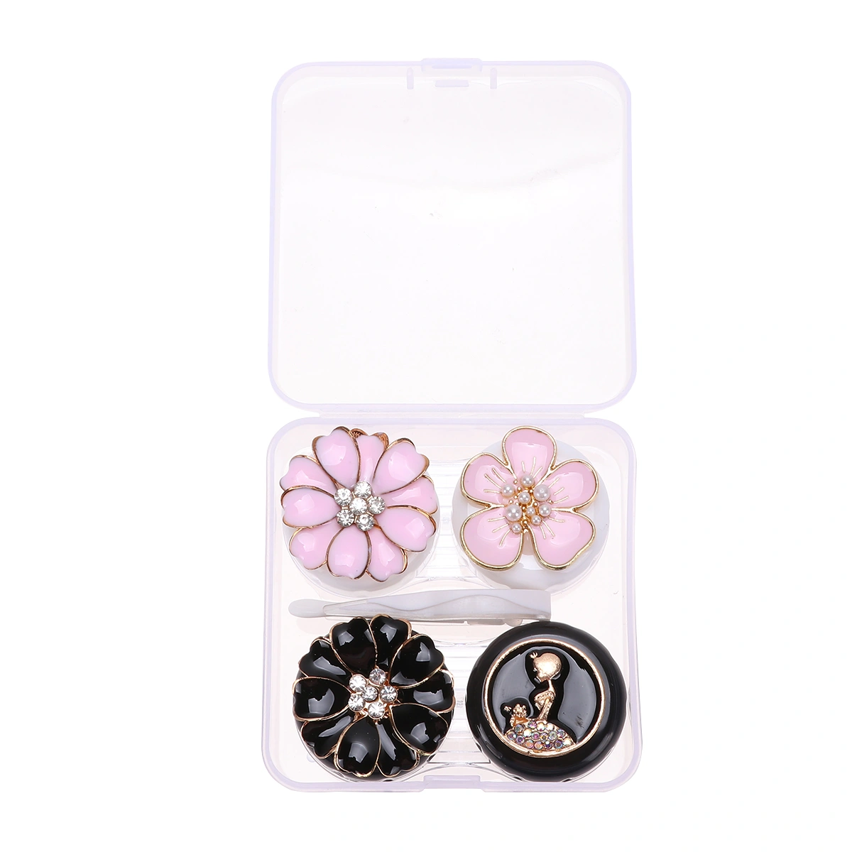 2 Pairs in 1 Set Elegant Floral Shape Eye Lense Cases Lens Holder Flower Design Storage Box Eye Care Container Kit for Home and Travel
