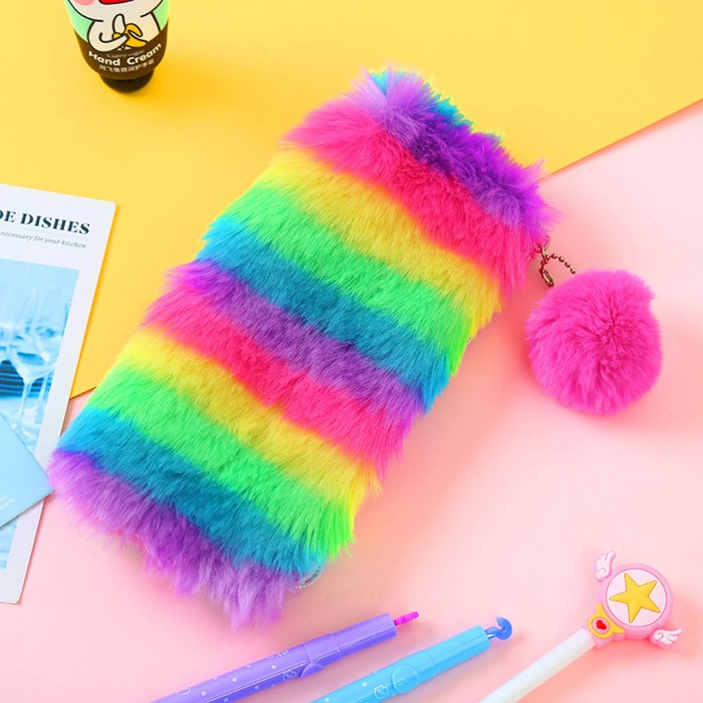 Lovely Cosmetics Bag Rainbow Fluffy Handbag Plush Pen Bag Pencil Pouch Small Makeup Organizer Student Stationery Purse