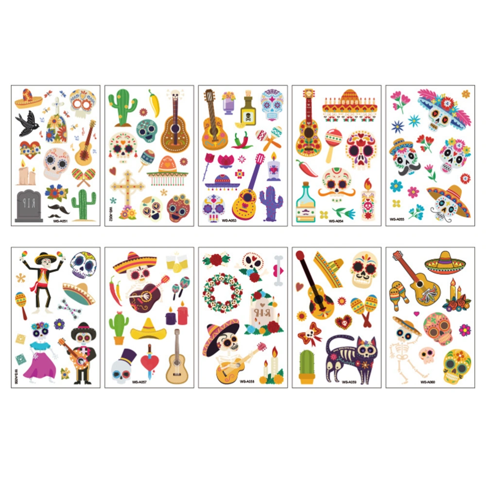 10 Sheets Halloween Stickers Waterproof Temporary Guitar Skull Prints Tattoos Decorative Sticker for Boys and Girls