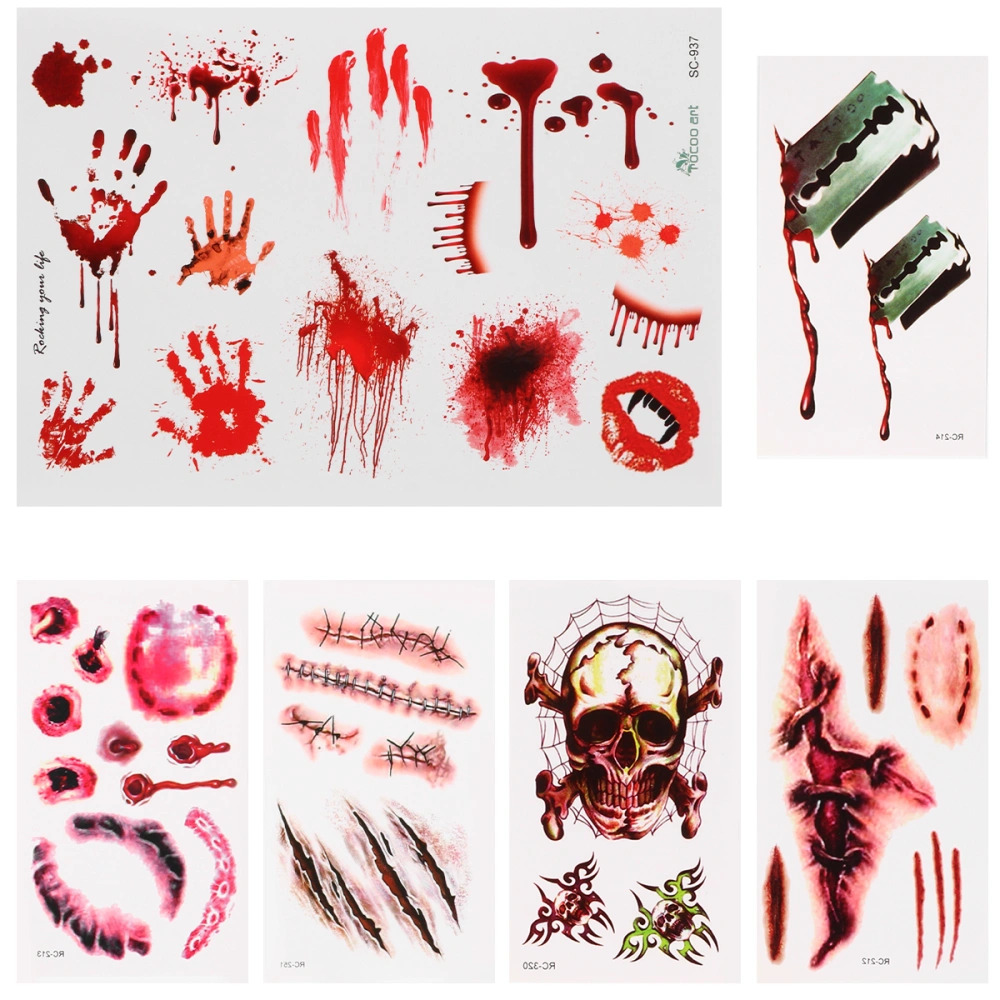 6 Sheets Halloween Temporary Tattoos Bleeding Wound Fake Scars Blood Stickers