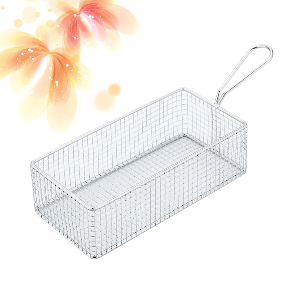 Stainless Steel Single Handle Mesh Fry Basket Filter with Ear Dense Mesh Rectangular Snack Fruit Bowl Frying Basket (Silver)