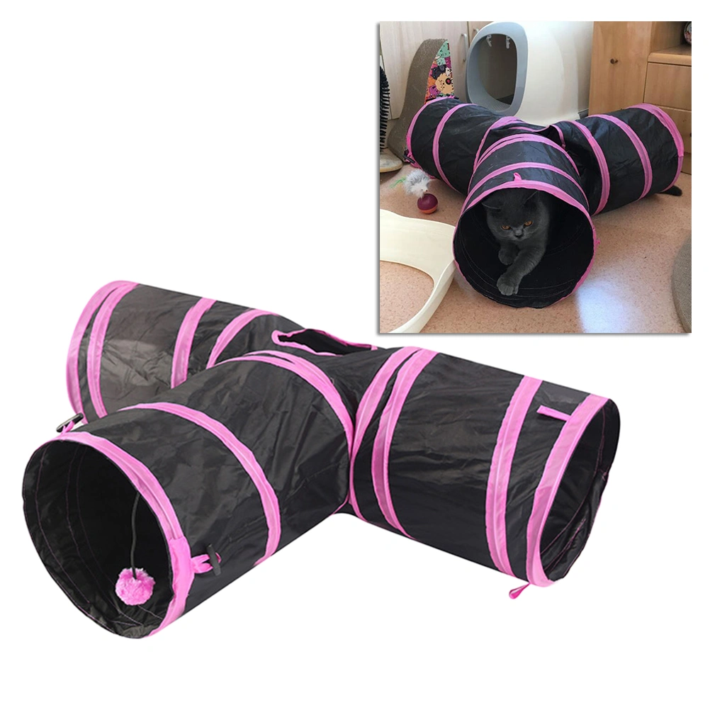 Cat 3 Way Tunnel Collapsible Cat Tunnel Toys Interactive Tube Toys for Cats Kitten Playing (Pink)