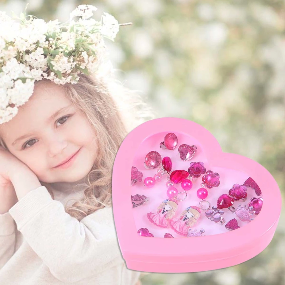 Children Kids Little Girl Shiny Clip-on Earrings and Adjustable Jewelry Rings Box Girl Pretend Play Earrings and Dress Up Rings