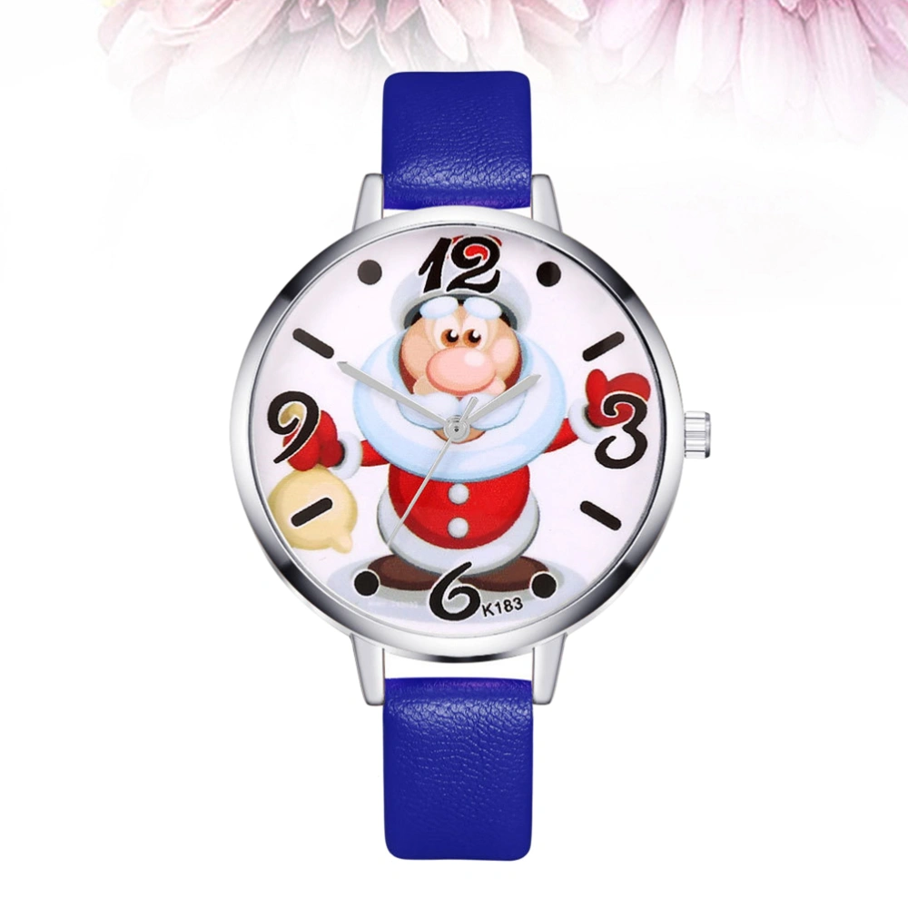 Adorable Women Christmas Wrist Watch Quartz Watch Leather Watchband Cartoon Quartz Watches (Blue, Santa Claus Holding Bell)