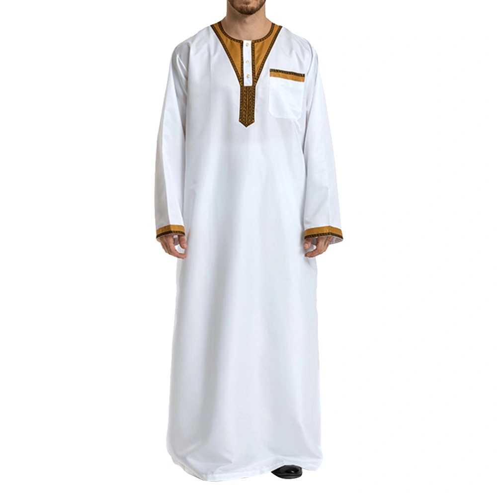 Men's Islamic Thobe Round Collar Splicing Long Sleeve Arab Muslim Wear Robe Clothes Size M (White)