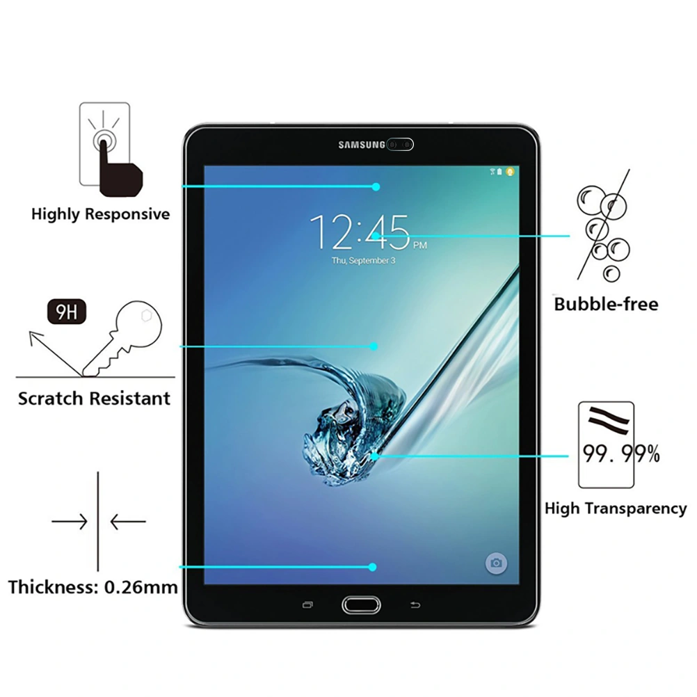 0.3mm-Thick Tempered Glass Screen Protector with 9H Hardness Crystal Clear Scratch-Resistant No-Bubble Installation for Galaxy Tab S2 8.0 T710