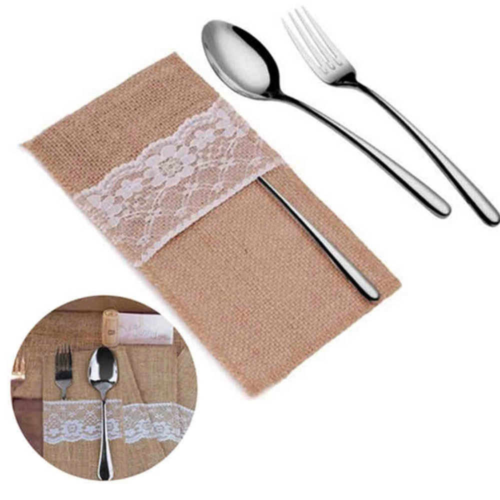 8pcs Lace Cutlery Bag Vintage Linen Fork Bag Tableware Holders Silverware Pouch Fork Storage Bag for Wedding Party Home