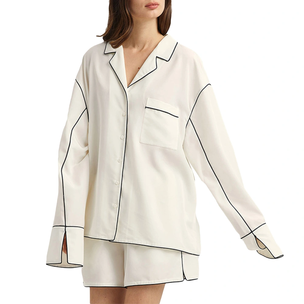 Women’s 2 Piece Pajamas Set Casual Long Sleeve Button Up Lapel Shirt + Shorts Set Loungewear