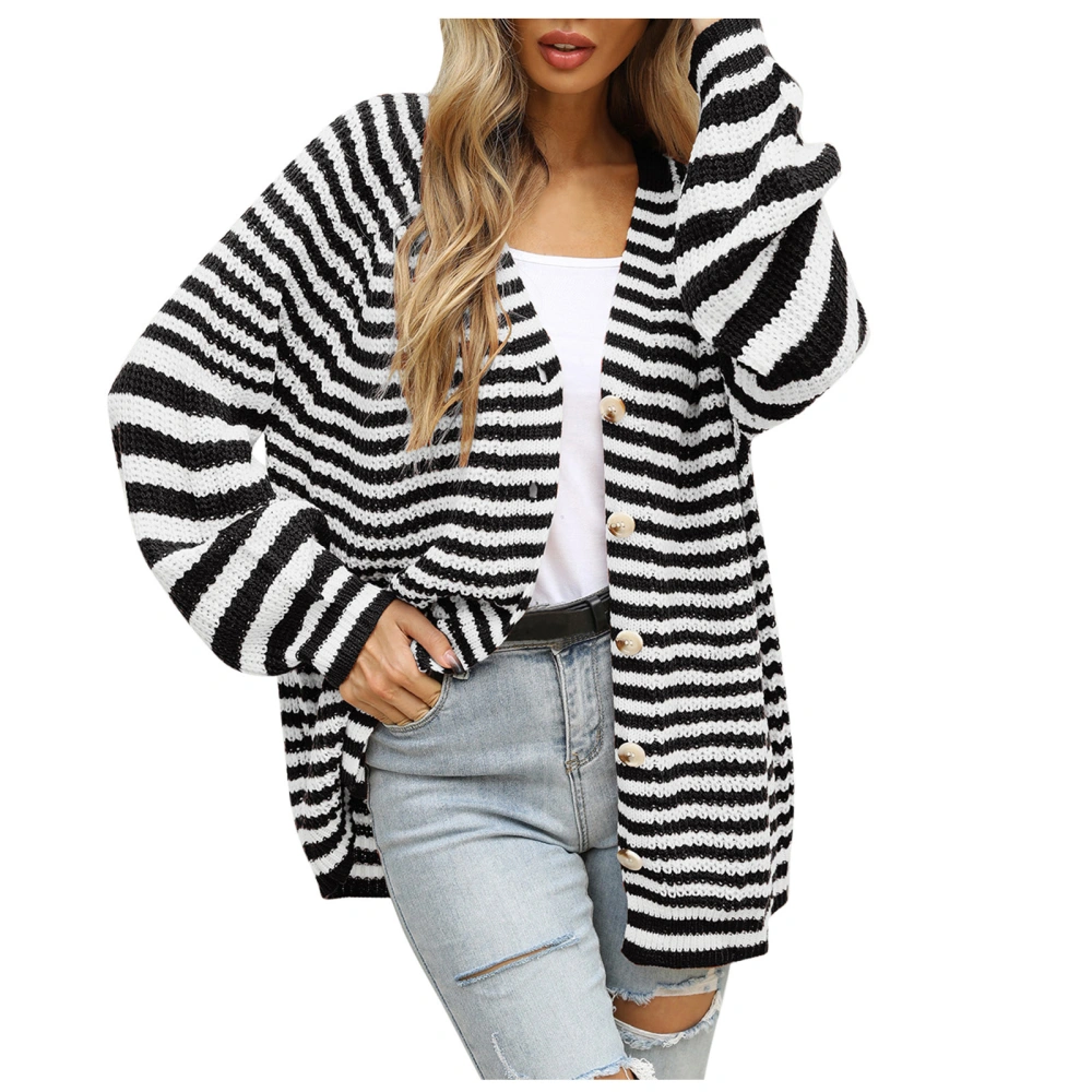 Girls Long Sleeve Knitwear, Autumn Ladies Leisure Style Double Color Stripes Single-breasted Knitted Coat V-neck Loose Cardigan