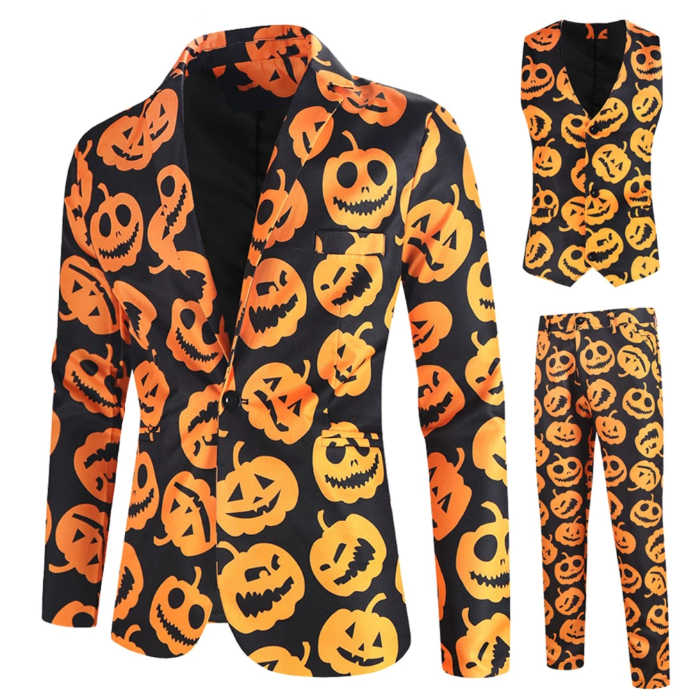 Men 3-piece Suit, Bat/Pumpkin Print Long Sleeve Blazer with Vest and Pants Formal Suit Halloween Costume