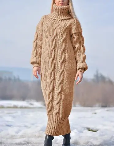 Women's Winter Knit Long Dress Solid Color Long Sleeve High Neck Loose Sweater Dress