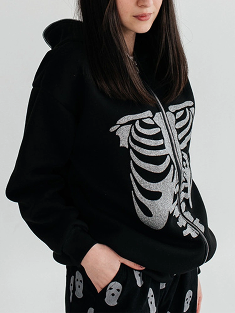 Women's Loose Gothic Hoodie Jacket, Long Sleeve Zipper Closure Sweatshirt Skeleton Pattern Fall Warm Coat