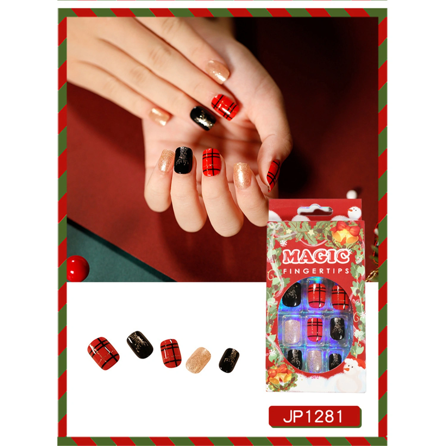 24PCS Christmas Pattern Fake Nails, French Tape Glue Medium Length Fake Nails, Reusable False Nails for Women