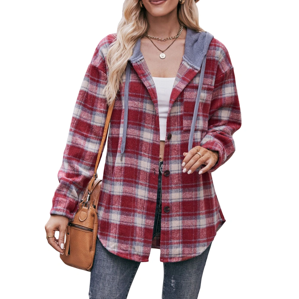 Women’s Plaid Print Hood Coat, Long Sleeve Lapel Casual Flannel Shacket Jacket Button Closure Outerwear