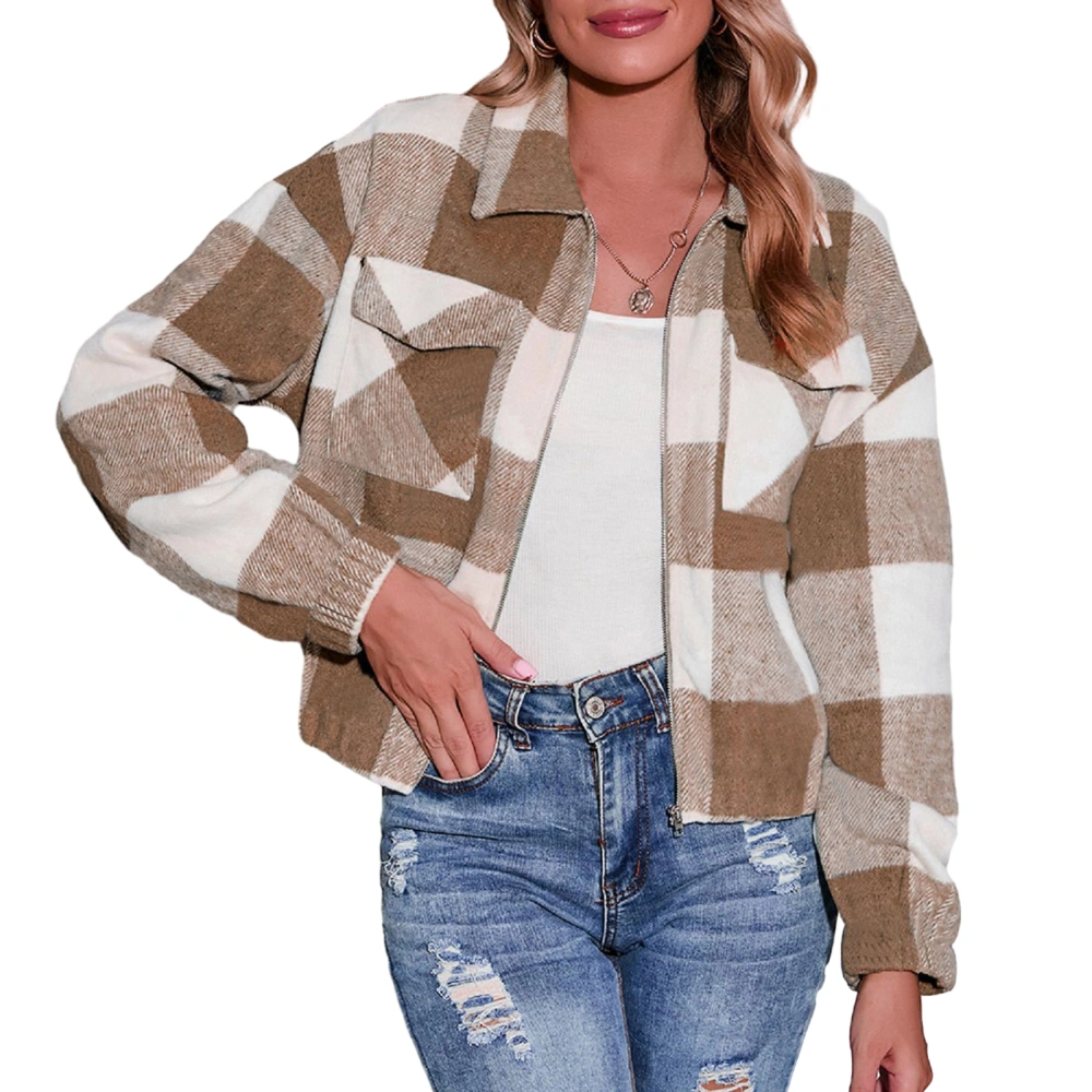 Women's Cropped Plaid Jacket Turn-Down Collar Pockets Zipper Jacket Long Sleeve Coat Fall Casual Slim Outerwear