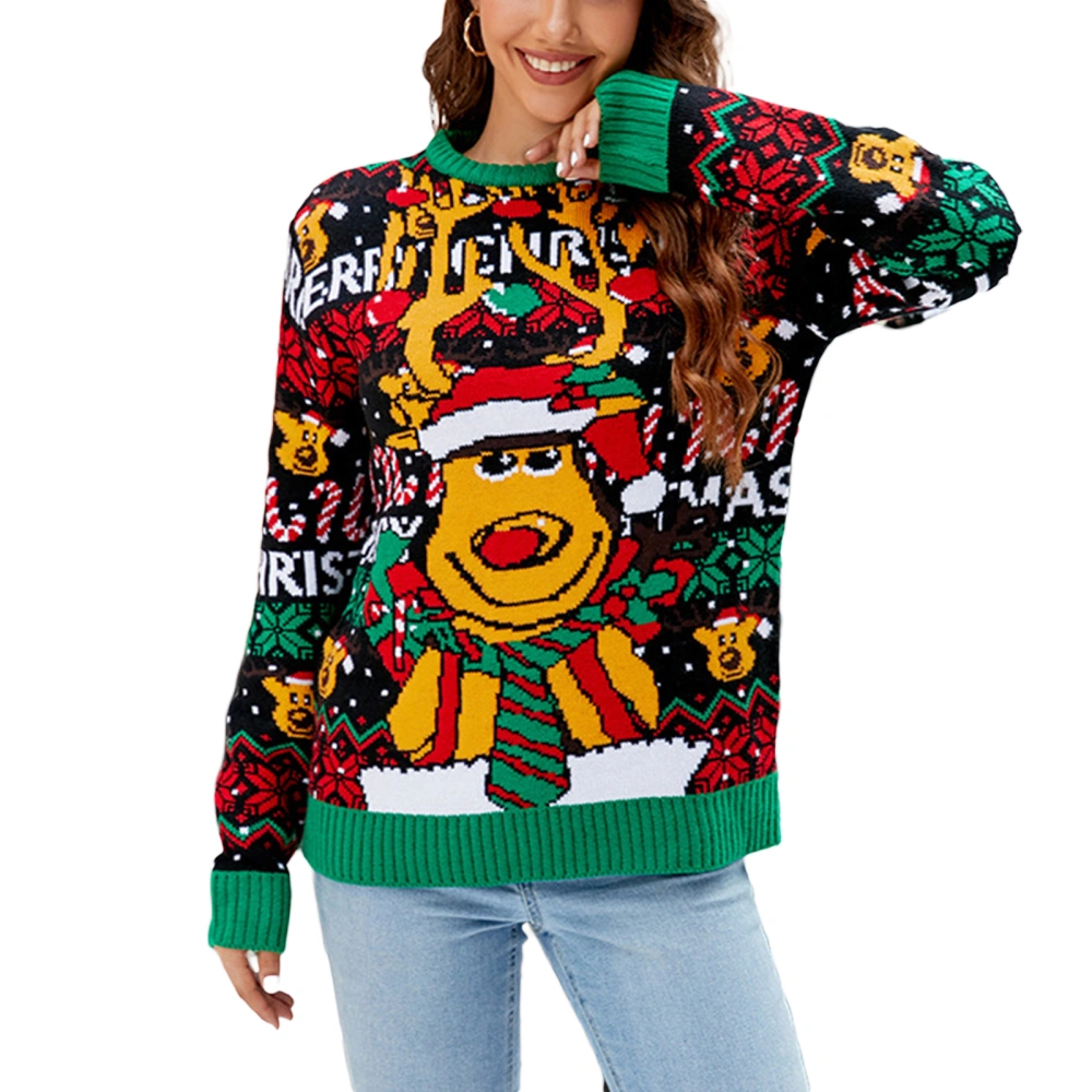 Women's Funny Christmas Sweater Cartoon Print Loose Knitwear Long Sleeve Round Neck Sweater