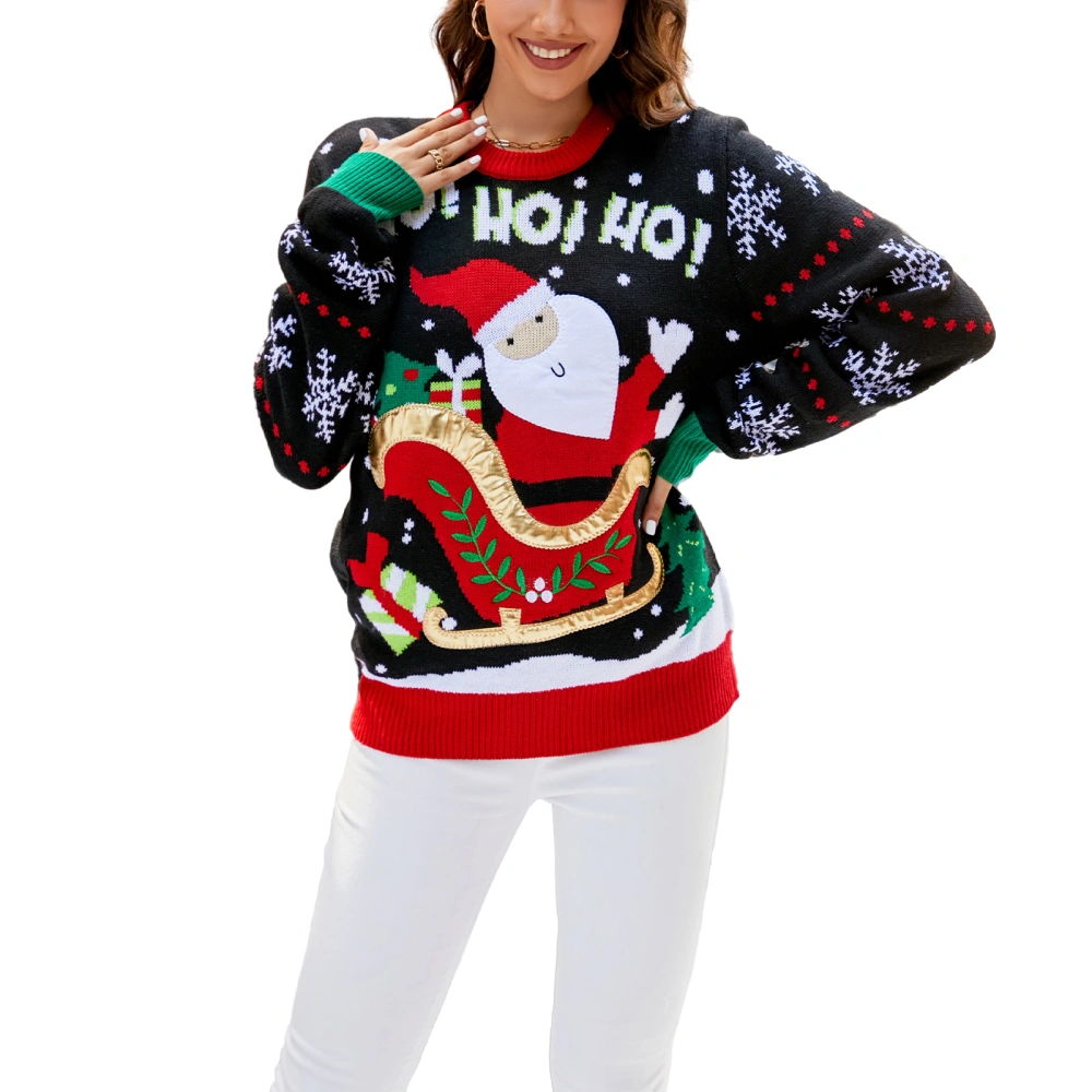 Women Christmas Sweater Winter Long Sleeve Round Neck Santa Claus Pattern Classic Fit Knit Tops