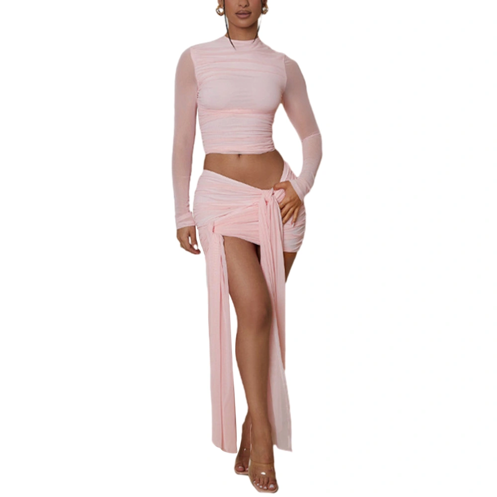 Women’s 2 Piece Summer Outfits Mesh Long Sleeve Crew Neck Ruched Tops + Knot Front Skirt Set Beachwear