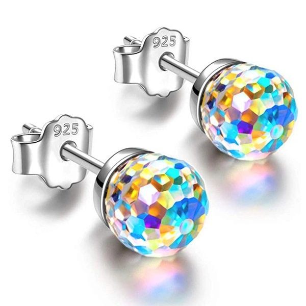 925 Sterling Silver Earrings Disco Ball Crystal Sparkling AB Crystal Colorful Aurora Stud Earrings