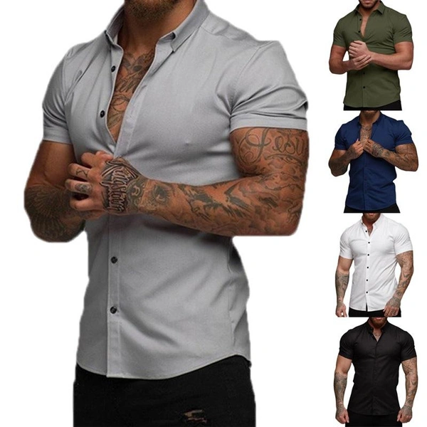 Men's Summer Button Up Shirt Solid Color Short Sleeve T-Shirts Men Business Casual Button Up Tops Henry Shirt