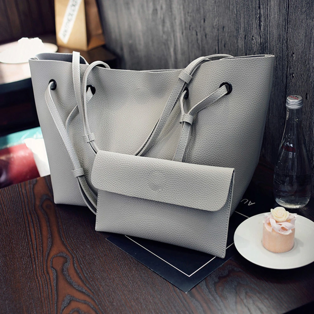 Women's Casual Handbag Large Tote Bag Retro PU Leather Shoulder Bag with Small Cosmetic Bag (Light Grey)