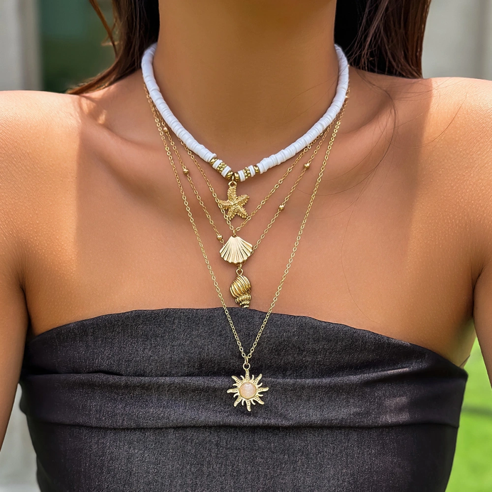 1 Set Long Link Chain Multi-layer Necklace Party Beaded Pendant Golden Necklace Retro Personality Simple Alloy Sweater Chain