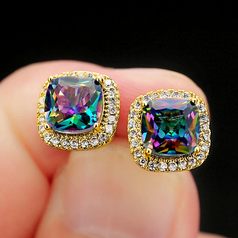 Mystic Princess Cut Rainbow Topaz Gemstone Stud Earrings Silver Plated Wedding Jewelry Engagement Gifts