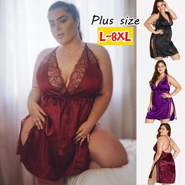 Plus Size Fashion M~8XL Women Deep V Neck Pajamas Strap Spaghetti Nightgowns Lace Lingerie Dress