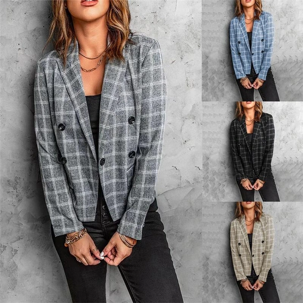 Women's Check Printed Blazer Coat Ladies Double Breasted Formal Suit Jacket