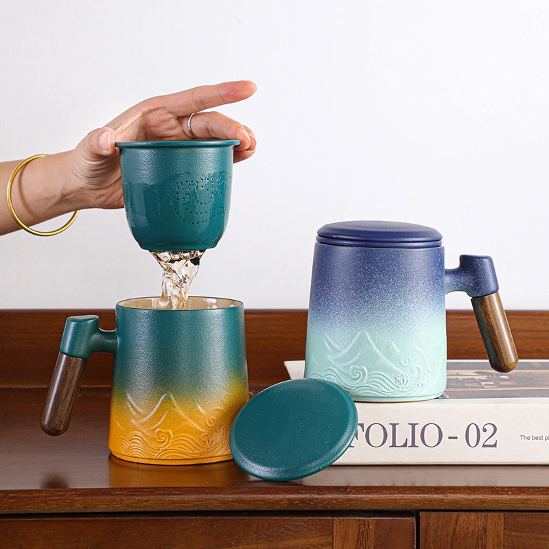 Creative Gradient Color Ceramic Mug With Tea Caddy Office