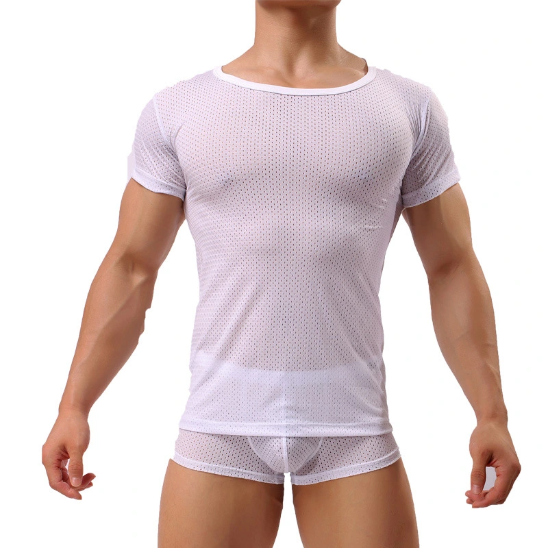 Men's Mesh Short Sleeve Breathable Sexy Tight Small Round Hole Summer Men's T-shirt