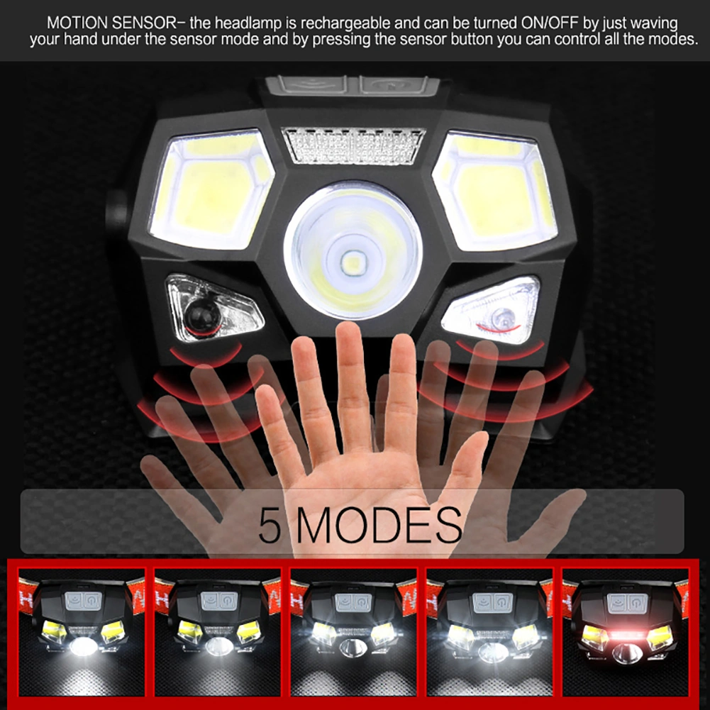 5000LM USB Rechargeable Night Fishing Camping Gesture Sensing LED Headlight Lamp