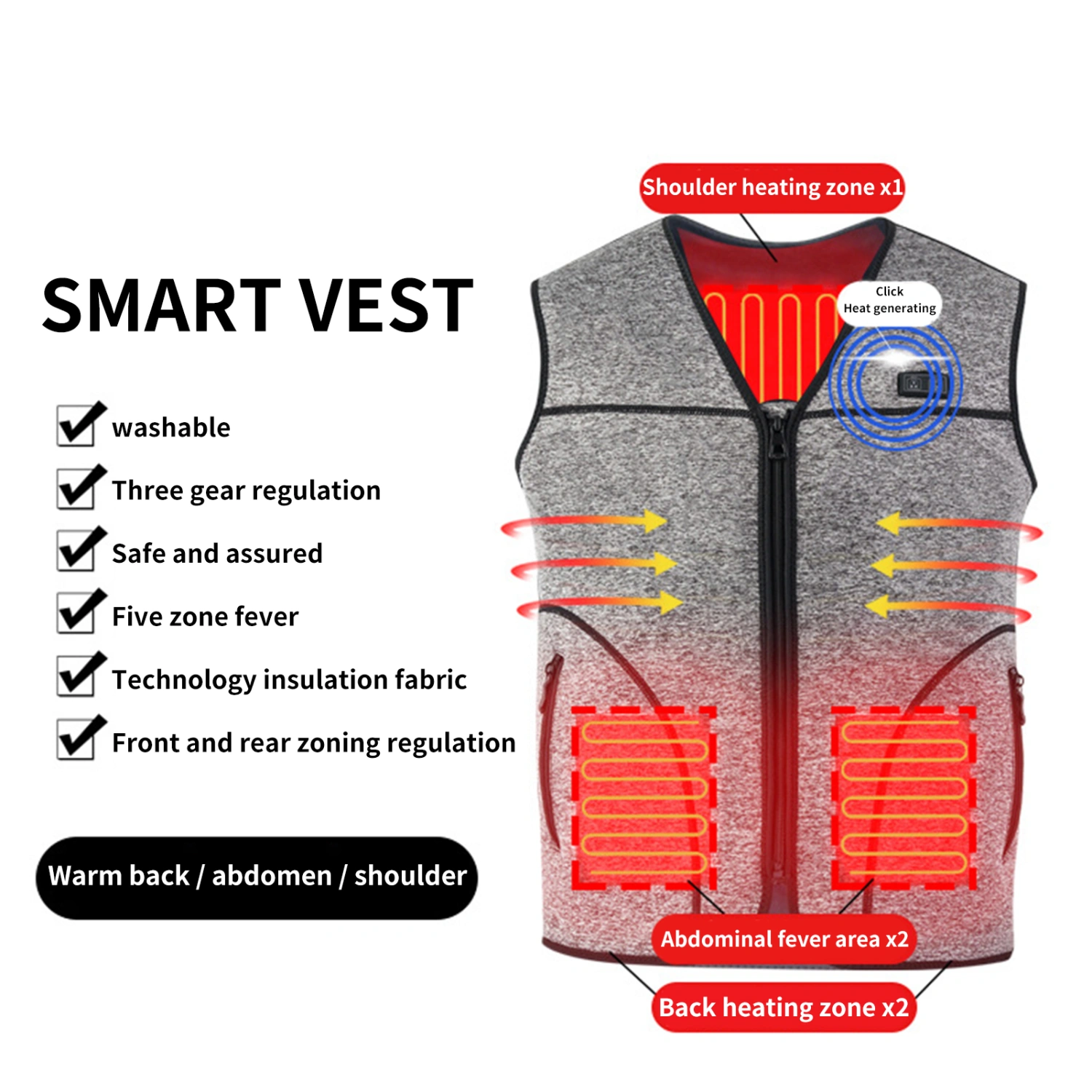 Heated Vest 3 Heating Levels Zipper Closure Energy-saving Winter Electric Heated Jacket for Outing