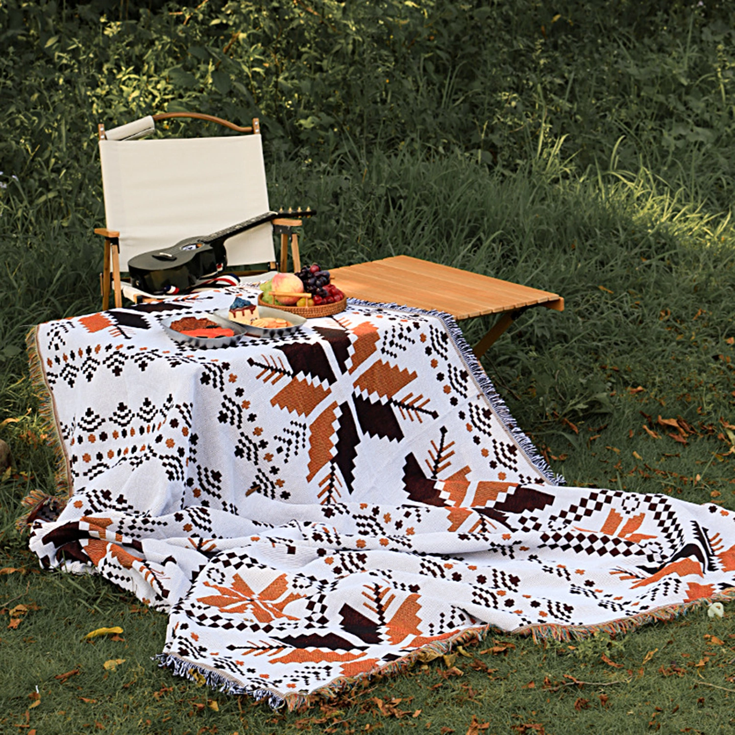 Knitted Blanket Fadeless Cozy Washable Ethnic Style Bohemia Keep Warm Orange Vintage Picnic Blanket for Outdoor