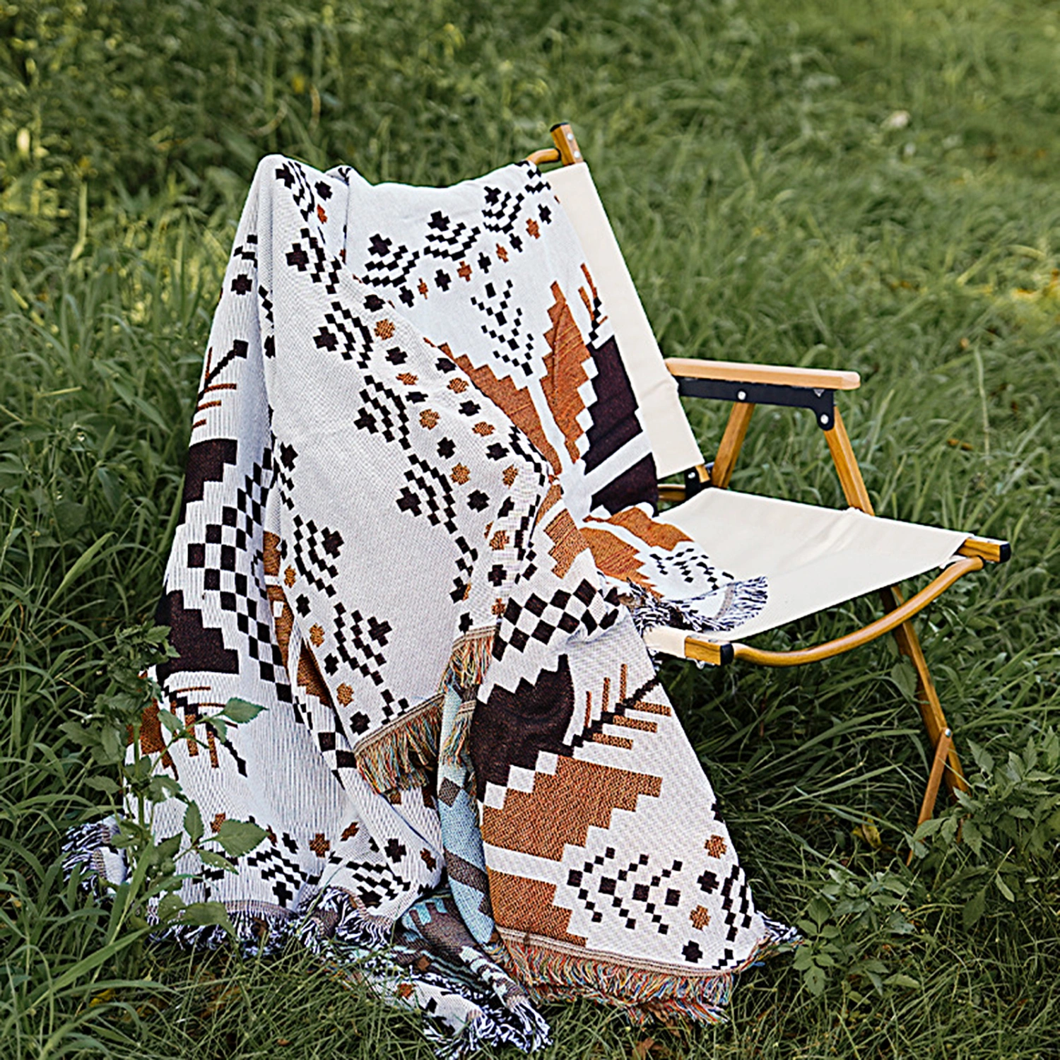 Knitted Blanket Fadeless Cozy Washable Ethnic Style Bohemia Keep Warm Orange Vintage Picnic Blanket for Outdoor