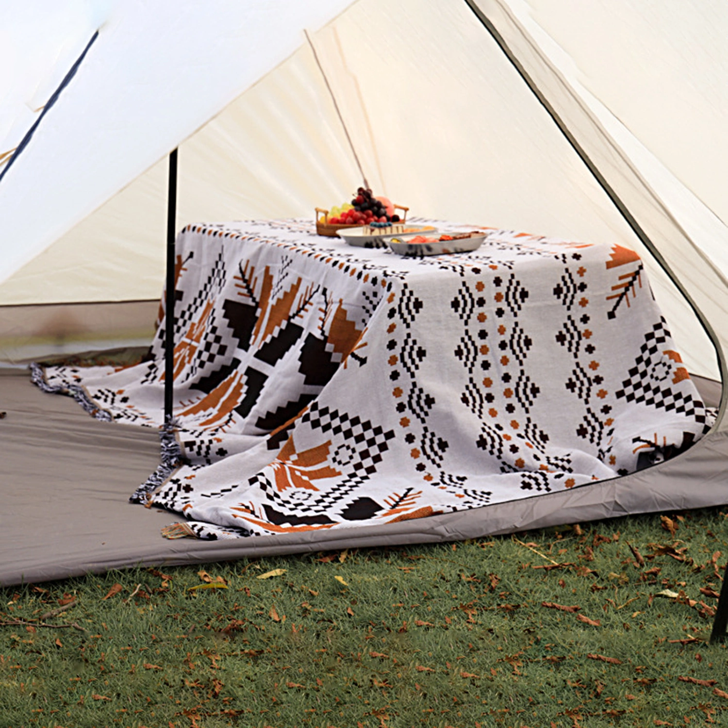 Knitted Blanket Fadeless Cozy Washable Ethnic Style Bohemia Keep Warm Orange Vintage Picnic Blanket for Outdoor
