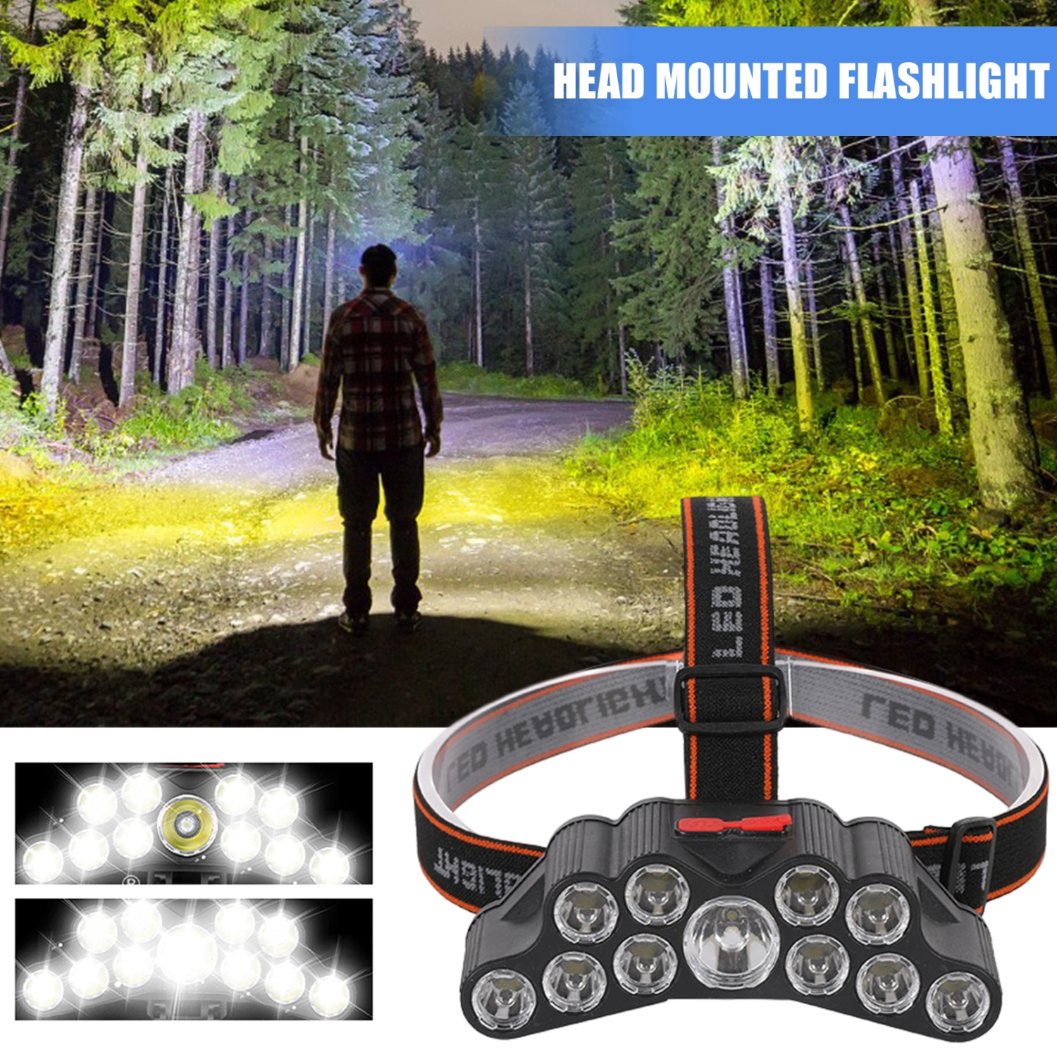 Rechargeable LED Headlamp 18000 Lumen Bright 11 LEDs Head Lamp Waterproof Head-Mounted Flashlight for Outdoor Running Hunting Camping Hiking
