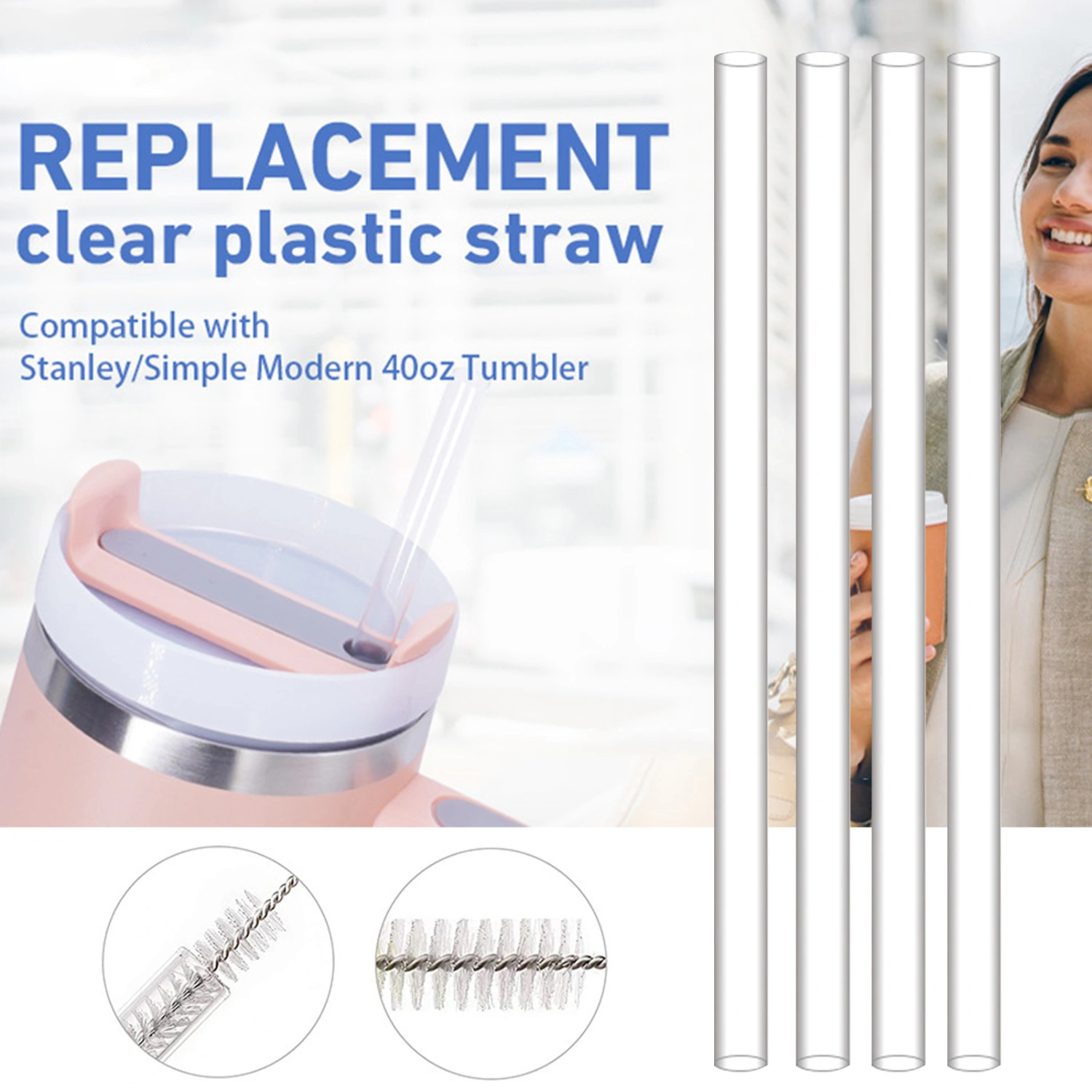 1 Set Drinking Straws with Cleaning Brushes Food Grade BPA Free Heat-Resistant Reusable Water Cup Clear Straws Kit