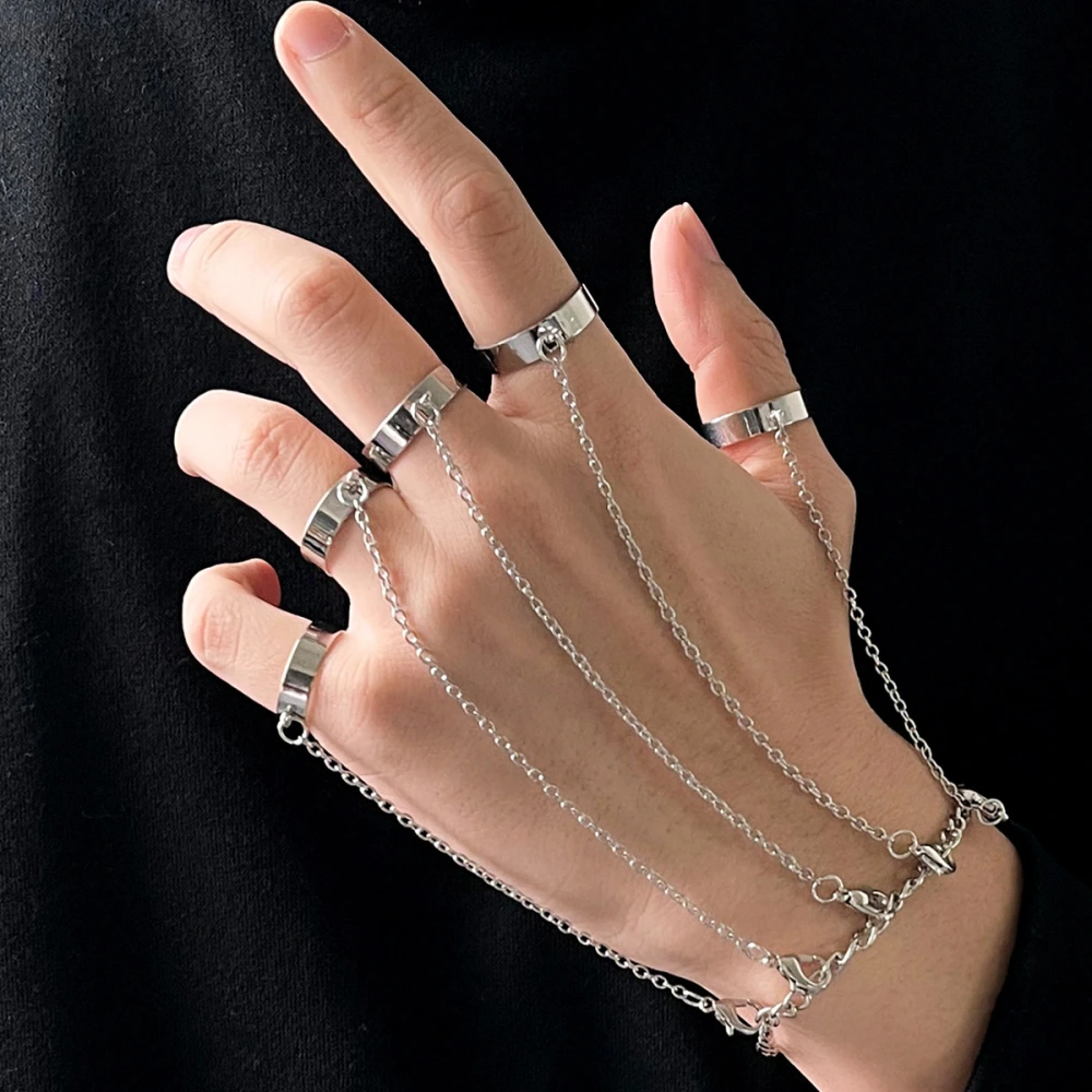 Women's Silver Color Hip Hop Style Finger Mitten Ring Bracelet with Chain Hand Back Chain