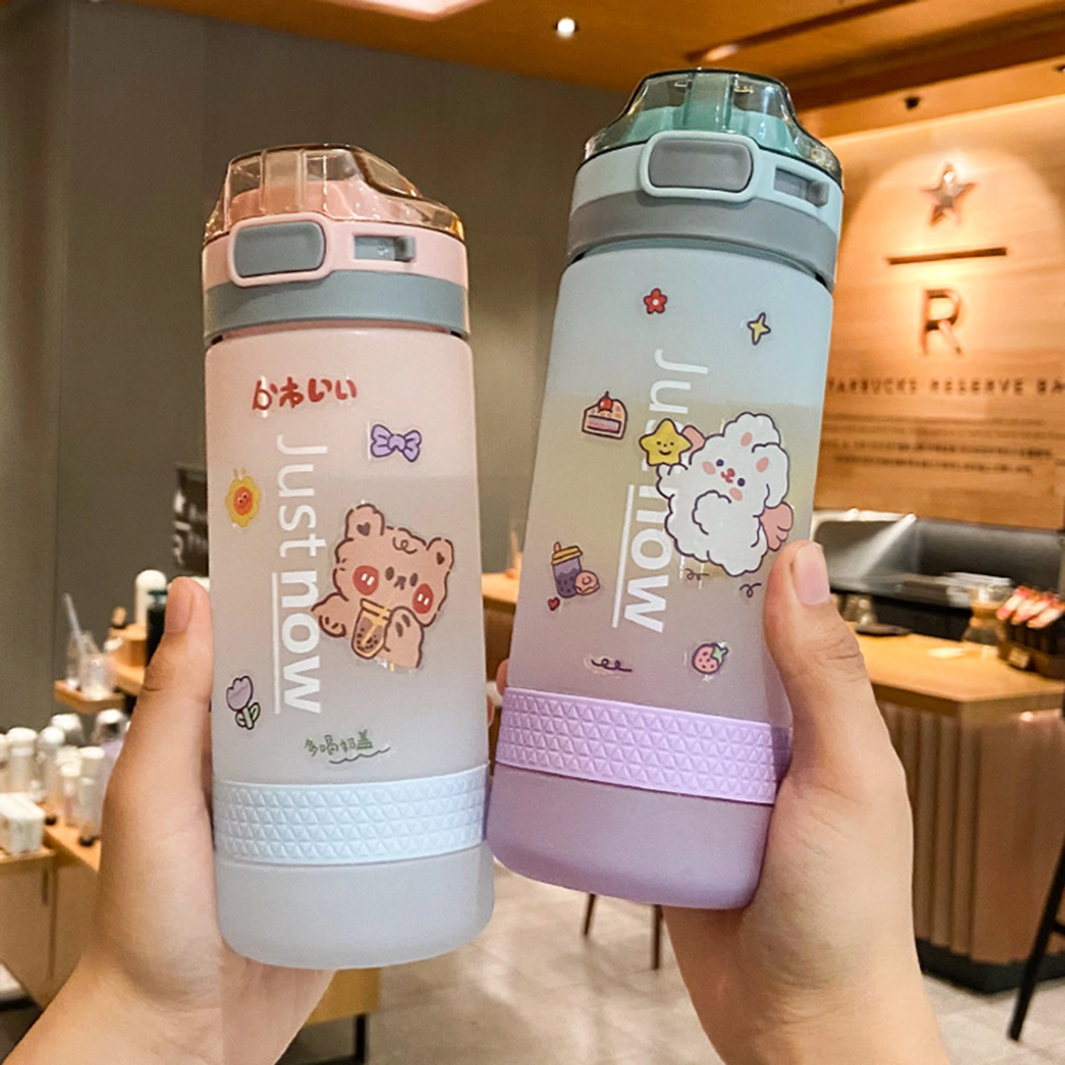 600ml Girls Water Bottle Foldable Straw Large Capacity Sticker Gradient Color Portable Students Water Bottle Cup School Supplies