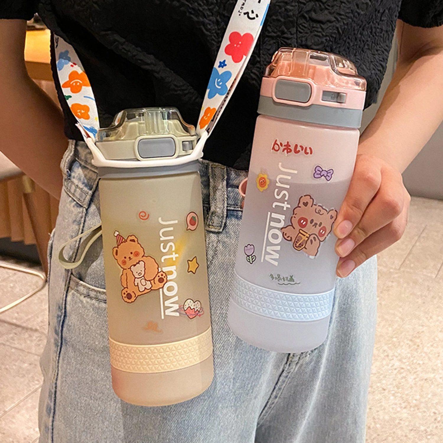600ml Girls Water Bottle Foldable Straw Large Capacity Sticker Gradient Color Portable Students Water Bottle Cup School Supplies